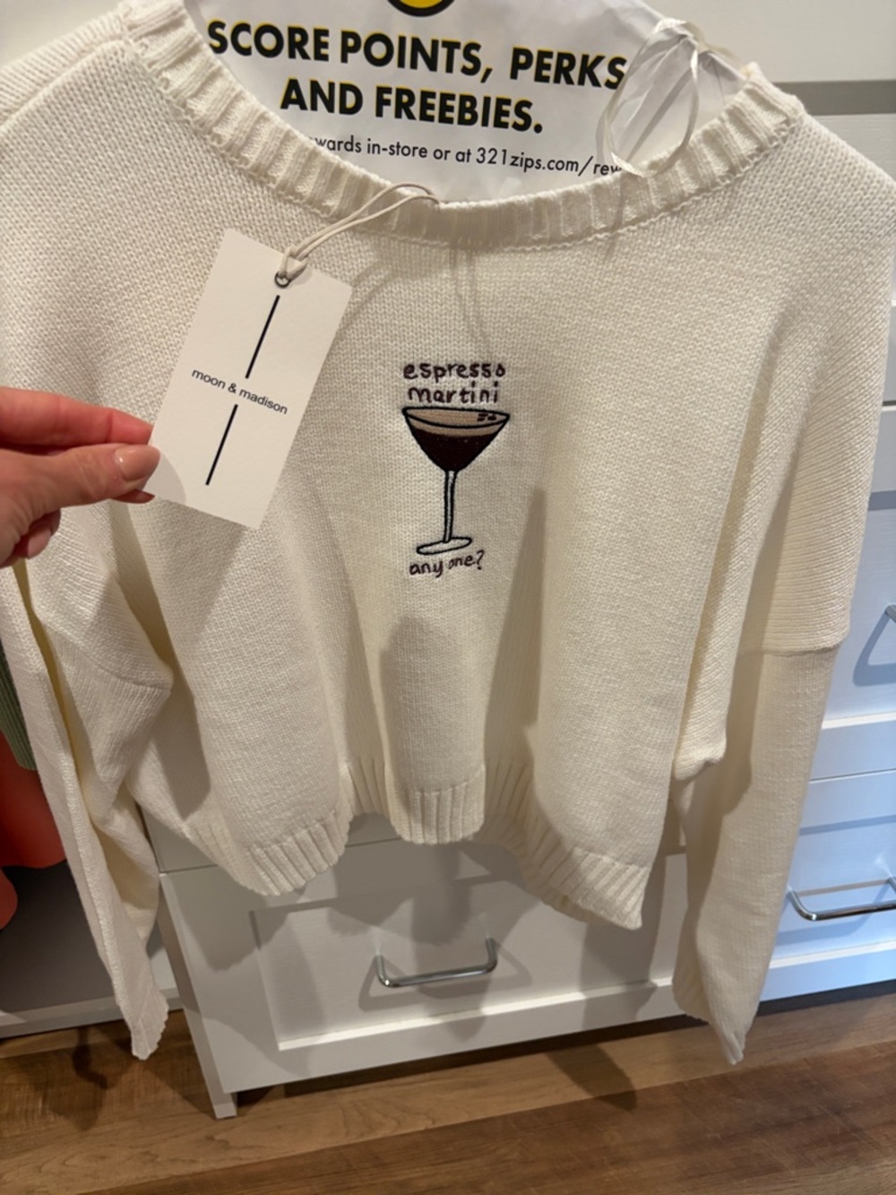 moon & madison Cream Sweater with Espresso Martini Embroidery